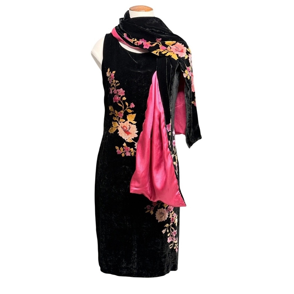 VTG Casual Corner Velvet Silk Dress 12 Black Floral Embroidered Scarf 2 Pc 90s